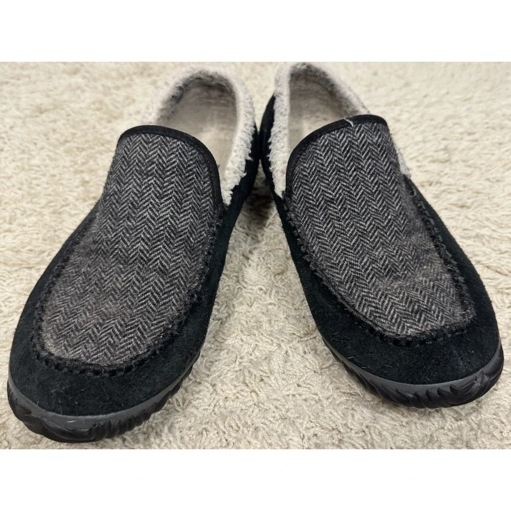 Sorel Mens Dude Moc Black Suede And Tweed Sherpa Lined Slippers Size 8 Warm Home